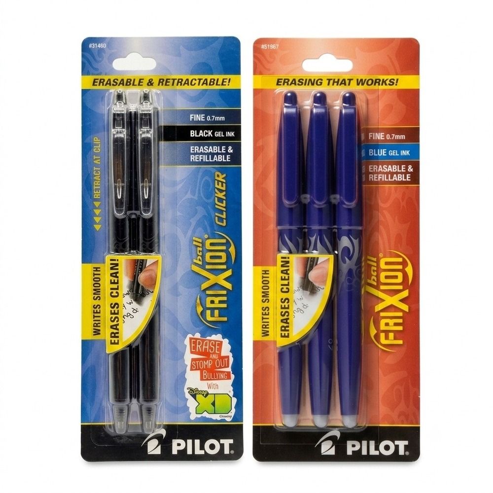 Lot of 2 Pilot FriXion Erasable Gel Pens 0.7mm Fine Black Clicker Blue Capped